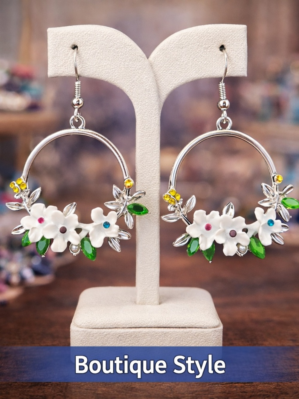 Paparazzi Floral Hoop Earrings White Flowers Green Leaves 1.5”